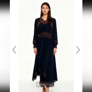 Free People Black and Rust Gauzy Embroidered Midi Dress